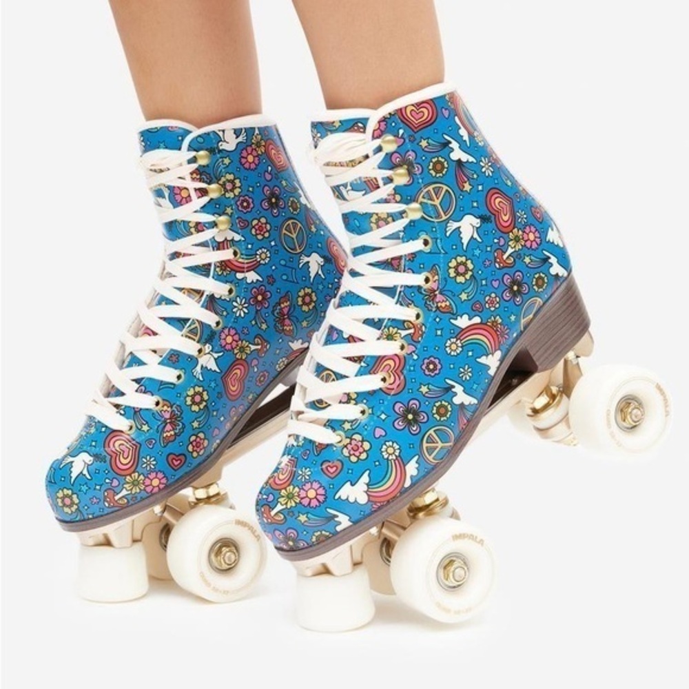 IMPALA Rollerskates HARMONY BLUE QUAD ROLLER SKATES Sz. 5 70’s Pattern